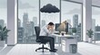 © MONIMOHON - Overwhelmed in the Office: A dejected individual sits at his desk, with a stormy cloud looming overhead, reflecting feelings of stress, anxiety, and depression amidst a modern office environment.