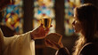 © Lemonkey - Priest offering communion bread and wine to woman in church, illuminated by stained glass, symbolizing faith, devotion, and sacred religious ritual.