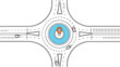 © MD - Bird eye view of city traffic circle junction with vehicles navigating around central roundabout featuring location pin icon.