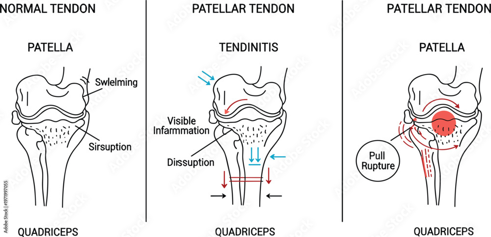 เวกเตอร์ Stock Patellar Tendon Injury Diagram with Normal, Tendinitis ...