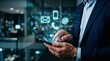 © Provas Chandra - Digital Communication: A modern businessperson engages in seamless digital communication through a smart device, surrounded by glowing symbols representing connection and contact.