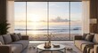 © Mukha - Modern luxury living room interior features a fireplace and glass window view of the sea in an empty loft apartment with contemporary furniture