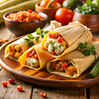 © Artistry - Tamales displayed on a wooden platter. showcasing colorful fillings and textures. Delicious. stacked tamales with savory fillings presented on a rustic wooden table.