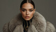© VISHNU - Beautiful Young Woman With Sleek Black Hair and Smoky Eye Makeup Wearing Luxury Gray Fur Coat and Gold Statement Necklace Against Dark Gray Background, Glamorous Editorial High Fashion Portrait Photog