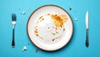 © Abdul - Overhead View of an Empty Dirty Plate with Sauce and Crumbs, Fork and Knife on a Vibrant Blue Background