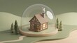 © meda - A glowing wooden cabin encased in a transparent sphere, surrounded by conifers and moss, floating terrain against geometric mountains, surreal isolation preserved in tranquil harmony.