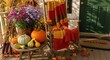 © Dara - A cozy fall porch with pumpkins, gourds, and a rocking chair. The autumnal theme features colorful leaves, corn stalks, and a welcoming 'Welcome' doormat.