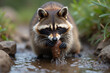 © Светлана Кудашкина - Raccoon drinking water while holding a stone in a natural setting
