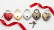 © meda - Five heart‑shaped padlocks in metallic hues rest with keys and ribbons, symbolizing love, trust, and emotional security in artistic harmony.