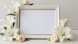 © yiam - White and Cream Flowers with Green Leaves on a Gold Frame Against a Plain Background for Elegant Decoration