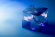 © Rendara Studio - 3D glass data cube with neon code and blue interface
