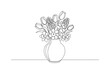 © Tania - 'Floral Table Arrangement'. Minimalistic one-line drawing a vase with spring flowers sitting on a flat surface with gentle petal details, continuous single