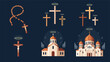 © Soriful - Collection of religious icons featuring churches with domes, various styles of crosses, and a rosary against a dark blue background.