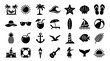 © Iconique Studio - Collection of black and white summer vacation icons representing beach activities tropical destinations and relaxation symbols