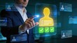 © Henry - Businessman selecting verified user profile on holographic interface digital identity management futuristic data verification secure authentication corporate technology