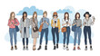 © Roton - Eight stylish women in various trendy outfits and accessories standing together in a row against a cloudy sky.