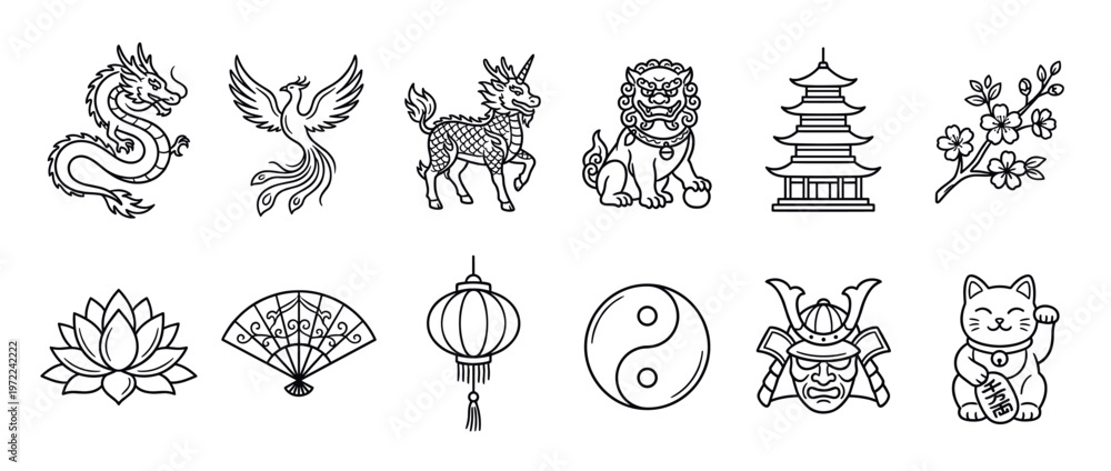 Collection of traditional Asian symbols and cultural icons, including ...