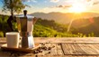 © Mekar - Coffee maker and cup on wood, scenic mountains and sunset backdrop