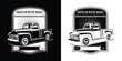 © Vectoravec - Vintage American motor works emblem featuring a classic pickup truck in detailed black and white engraving style