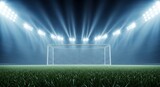 Empty soccer goal on a vibrant green grass field under bright stadium lights, ready for a night game.
