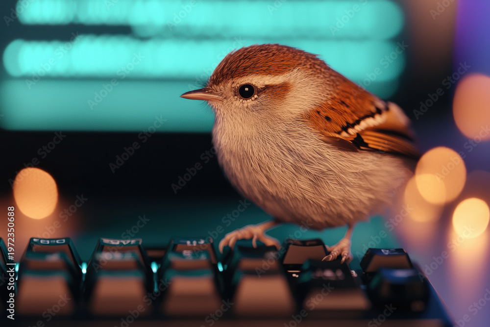 Bird On Computer Small wren bird perched on computer keyboard with blurred lights, brown ...