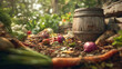 © Umaira - Overturned truck spilling abundance of fresh produce and colorful vegetables into a lush forest setting.