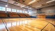 © Caca - Bright gymnasium shows wooden floor, empty yellow bleachers, and tall windows casting light