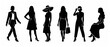 © Fernando - Woman Silhouette Fashion - Diverse Poses of Stylish Women in Various Outfits, Standing, Walking, and Sitting on a Chair, Black Shapes on White Backgrounds. Generative AI