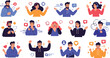 © MstSuborna - People Emotions and Reactions Characters Set with Social Media Icons Showing Feelings Expressions and Communication Concepts for Modern Digital Vector Illustration Design.