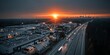 © Iryna - Smart industrial park with connected warehouses and highway traffic at sunset representing digital logistics