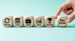 © QuiinL - A hand is rolling dice with icons representing career progression, from change and learning to applying, growing, and achieving success in a new career.