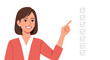 © lily - A cheerful professional woman wearing a coral cardigan points toward a series of completed checkmarks against a clean white background with soft lighting.
