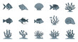 © lily - Meticulous set of monochromatic blue sea life icons featuring striped fish and spiraled shells arranged neatly on a clean white background surface area.