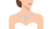 © pookie - An elegant woman wearing a white strapless gown showcases a magnificent and intricate diamond necklace with matching earrings against a white background.