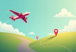© limanskaya - Airplane flying over green hills with dotted path and location markers, illustrating travel and navigation in a bright, stylized landscape
