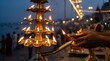 © AI Festival Arts - Ganga aarti ritual with diya lamp at river ghat evening spiritual hindu worship ceremony glowing lights cultural tradition scene for travel and festival use