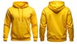 © Tsubasa - Front and back view of a plain yellow hooded sweatshirt with a front pocket and drawstrings, studio