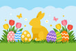 © Hamayun - Happy Easter greeting card background featuring colorful decorated eggs, a golden bunny rabbit silhouette, spring tulips, butterflies, and green grass under a blue sky. Festive holiday vector.