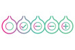 © UniQue DEsigN - Five droplet shaped icons with varying symbols inside representing status or options in shades of teal and pink