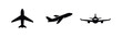 © Lili - Set of three black airplane icons in different views: top, side perspective, and front. Minimalist silhouettes on a white background for travel design.
