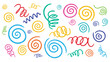 © Darwin - Collection of colorful hand-drawn spirals and scribbled wavy lines in various sizes and shapes on a white background for fun artistic textures.
