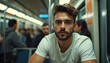 © Pete - Man sits in crowded subway car facing forward. People around him are blurred, focusing attention on his thoughtful expression. He looks directly at camera during his commute.