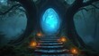 © Pete - Stone stairs lead through giant tree trunk opening to bright blue magical portal. Glowing lanterns light forest path at dusk. Mystical entryway into another world.