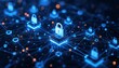 © MAS HENDI 2002 - Digital security abstract concept with glowing network of interconnected nodes and padlocks symbolizing protection and encrypted data flow