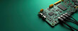 © Maryna - Close-up view of a green electronic circuit board with multiple chips and connectors. Several black USB cables are plugged into ports on the board against a dark green background.