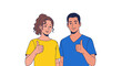 © Naswi - Happy young couple showing thumbs up gesture in cartoon illustration style.