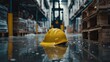 © rinz - Yellow Hard Hat Submerged in Floodwater Inside Warehouse with Forklift.