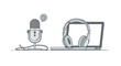 © Mangnu - Minimalist line art of a podcast recording setup with microphone, headphones and laptop