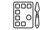 © Swarnali - Vector icon illustration of a professional artist's paint palette with square wells and a palette knife tool, ideal for art, creativity, design, hobby, and painting projects, minimalist line art.