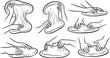 © The - Set of stylized black and white illustrations depicting hands tossing and shaping pizza dough in various dynamic poses.